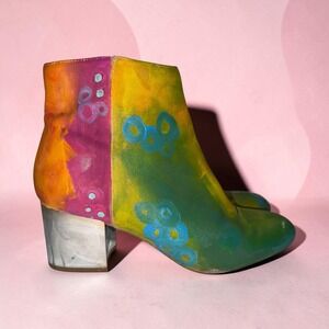Aldo Custom Hand Painted Rainbow Abstract Ankle Boots Silver Block Heel Size 10
